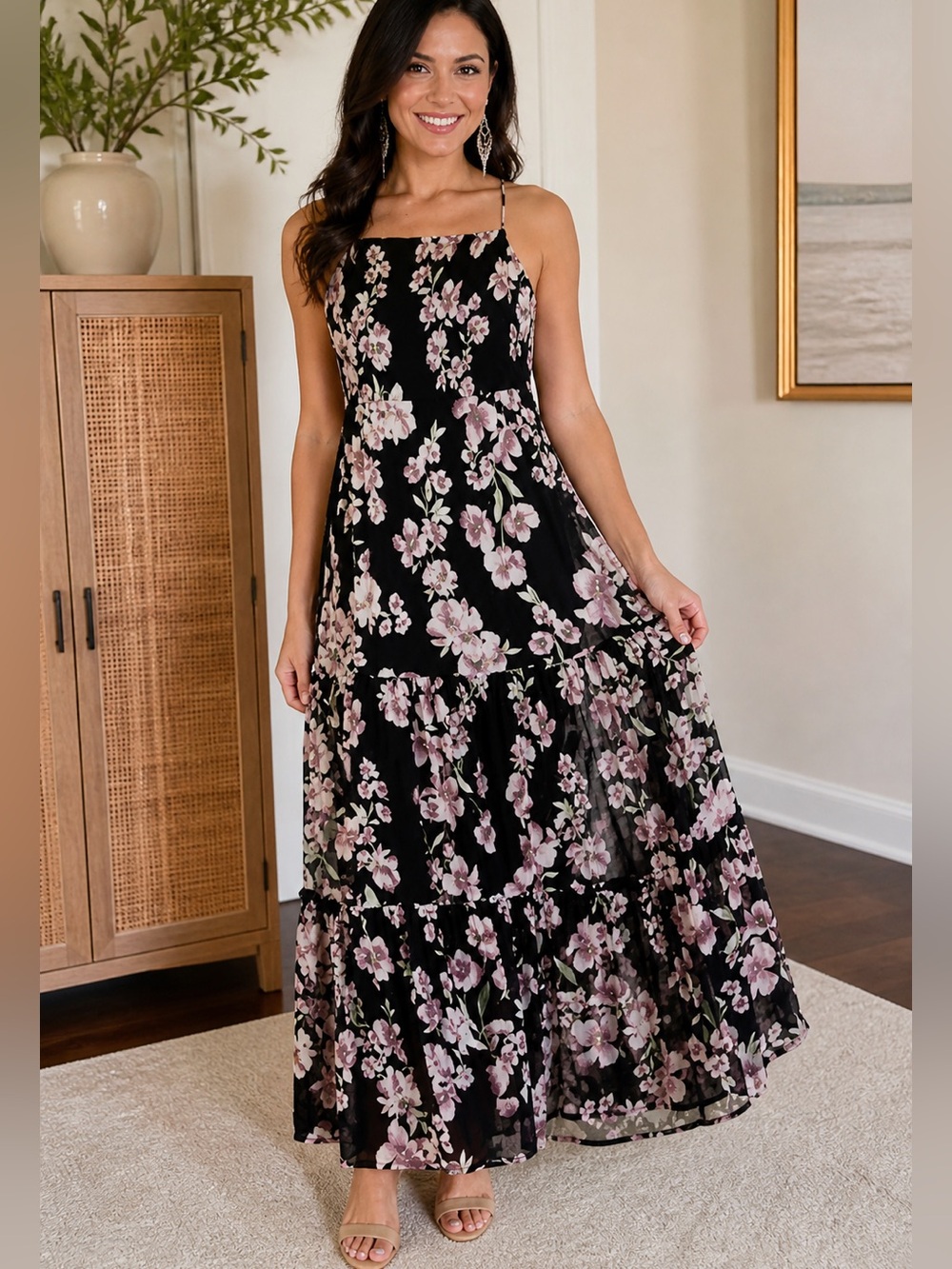 Free People Garden Party Maxi Dress Black Pink Floral Smocked Boho OB580623